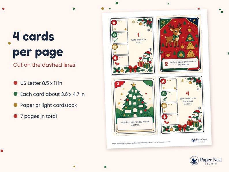 Op de afbeelding: Een printbaar vel met vier kerst-aftelkaarten, ge&iuml;llustreerd met een rendier, kerstboom en sneeuwpoppen. De tekst bevat 4 cards per page, US Letter 8.5 x 11 in en de naam Paper Nest Studio.