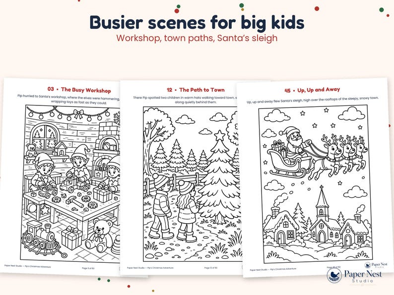 K&ouml;nnte beinhalten: Drei schwarz-wei&szlig;e Ausmalbilder mit dem Titel Busier scenes for big kids. Die Seiten zeigen Illustrationen von Elfen in einer Werkstatt, Kindern auf dem Weg in eine Stadt und dem Weihnachtsmann im Schlitten &uuml;ber einem verschneiten Dorf.