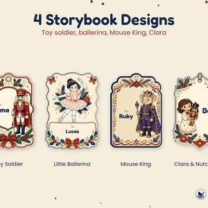 May include: Four rectangular gift tags with scalloped edges featuring Nutcracker-themed illustrations. Designs include a toy soldier, a ballerina, a Mouse King, and a girl holding a nutcracker. Each tag has space for a name and festive holly accents.