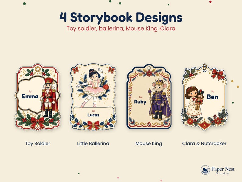 May include: Four rectangular gift tags with scalloped edges featuring Nutcracker-themed illustrations. Designs include a toy soldier, a ballerina, a Mouse King, and a girl holding a nutcracker. Each tag has space for a name and festive holly accents.