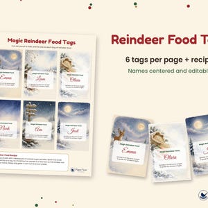 Puede incluir: Una hoja imprimible de seis etiquetas Magic Reindeer Food con escenas invernales, renos, nieve y lunas, adem&aacute;s de un recuadro de receta. El texto incluye Reindeer Food Tags, 6 tags per page + recipe y nombres como Emma, Liam, Olivia, Noah, Ava y Jack.