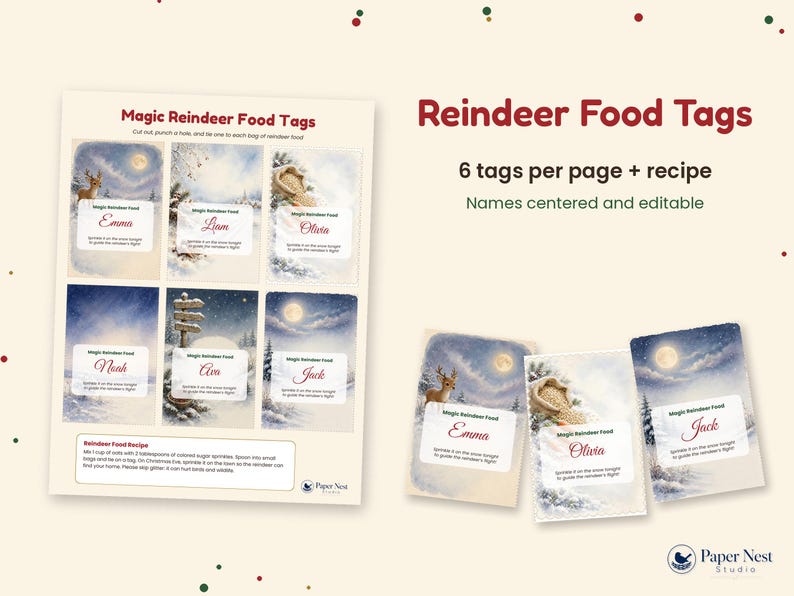 Puede incluir: Una hoja imprimible de seis etiquetas Magic Reindeer Food con escenas invernales, renos, nieve y lunas, adem&aacute;s de un recuadro de receta. El texto incluye Reindeer Food Tags, 6 tags per page + recipe y nombres como Emma, Liam, Olivia, Noah, Ava y Jack.