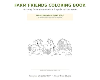 May include: A Farm Friends Coloring Book featuring 8 sunny farm adventures and 1 apple basket maze. The cover displays a black and white line drawing of a cow, a horse, and a chicken standing in front of a barn. Text includes Farm Friends Coloring Book.