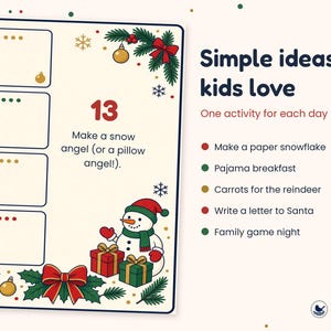 Op de afbeelding: Een rechthoekige vakantie-activiteitenkaart met een cr&egrave;mekleurige achtergrond en de titel Simple ideas kids love. Het bevat nummer 13, Make a snow angel, een illustratie van een sneeuwpop en een lijst met vijf feestelijke activiteiten met gekleurde iconen.