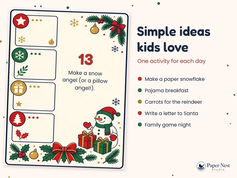 Op de afbeelding: Een rechthoekige vakantie-activiteitenkaart met een cr&egrave;mekleurige achtergrond en de titel Simple ideas kids love. Het bevat nummer 13, Make a snow angel, een illustratie van een sneeuwpop en een lijst met vijf feestelijke activiteiten met gekleurde iconen.