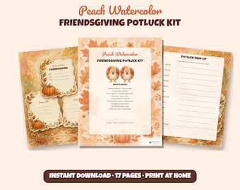 Printbaar pakket voor een Friendsgiving-potluckfeest, herfstdecoratie in perzikkleurige aquarelverf, aanmeldingsformulier voor de potluck, charades, woordzoeker, bingo