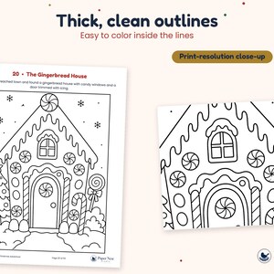K&ouml;nnte beinhalten: Eine schwarz-wei&szlig;e Malvorlage mit dem Titel 20 The Gingerbread House, die ein Haus mit Bonbon-Verzierungen, einen Weihnachtsbaum und Schneeflocken zeigt. Der Text lautet Thick, clean outlines, Easy to color inside the lines und Print-resolution close-up.