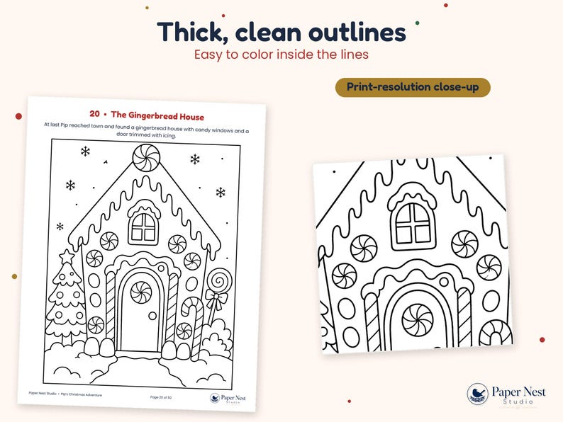 K&ouml;nnte beinhalten: Eine schwarz-wei&szlig;e Malvorlage mit dem Titel 20 The Gingerbread House, die ein Haus mit Bonbon-Verzierungen, einen Weihnachtsbaum und Schneeflocken zeigt. Der Text lautet Thick, clean outlines, Easy to color inside the lines und Print-resolution close-up.