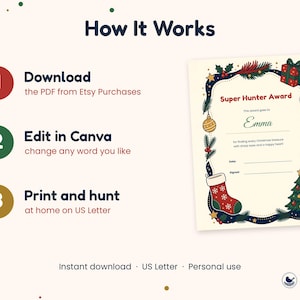 May include: A digital instructional graphic titled How It Works with three steps: Download the PDF, Edit in Canva, and Print and hunt on US Letter. Beside it is a Super Hunter Award certificate decorated with Christmas ornaments, a stocking, and a tree.