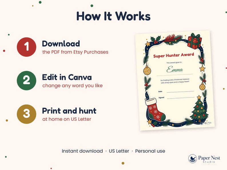 May include: A digital instructional graphic titled How It Works with three steps: Download the PDF, Edit in Canva, and Print and hunt on US Letter. Beside it is a Super Hunter Award certificate decorated with Christmas ornaments, a stocking, and a tree.