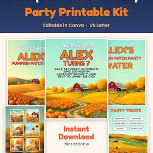 K&ouml;nnte beinhalten: Ein druckbares Set f&uuml;r eine Geburtstagsparty zum Thema K&uuml;rbisfeld mit bearbeitbaren Vorlagen f&uuml;r Einladungen, Party-Leckereien und Etiketten. Die Designs zeigen eine l&auml;ndliche Landschaft mit einer roten Scheune, orangefarbenen K&uuml;rbissen und herbstlichen B&auml;umen. Der Text umfasst "Pumpkin Patch Birthday Party Printable Kit", "You're Invited", "Alex Turns 7" und "Party Treats".