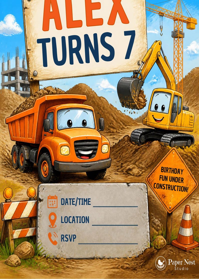 May include: A construction-themed birthday invitation featuring an orange dump truck and a yellow excavator on a dirt site. The text reads ALEX TURNS 7 and BIRTHDAY FUN UNDER CONSTRUCTION! with blank lines for date, time, location, and RSVP details.