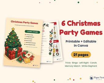 Printbaar pakket met kerstspelletjes | Familiespelletjes voor kinderen en volwassenen | Quiz, plaatjesbingo, links-rechtsspel | Canva