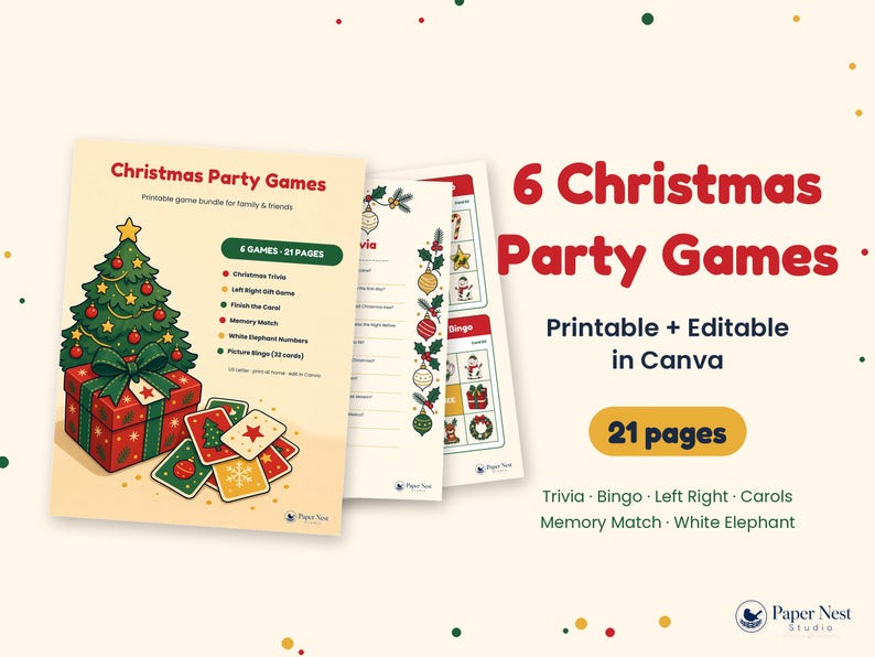 K&ouml;nnte beinhalten: Ein Set aus 21 druckbaren Weihnachtsspielseiten mit einem geschm&uuml;ckten Baum auf einem Geschenk, Trivia, Bingo und Memory-Karten. Der Text enth&auml;lt "Christmas Party Games", "6 Games - 21 Pages" und "Printable + Editable in Canva".