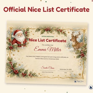 Puede incluir: Un certificado oficial de lista de ni&ntilde;os buenos con una ilustraci&oacute;n en acuarela de Santa Claus y un reno. El documento incluye el nombre Emma Miller, el texto ha sido amable, servicial y bueno todo el a&ntilde;o, fechado el 24 de diciembre de 2026.