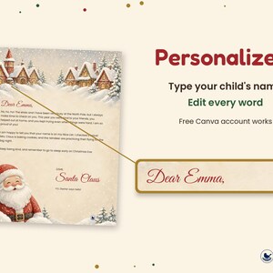 Puede incluir: Una carta personalizable de Santa Claus con una ilustraci&oacute;n de un pueblo nevado, un Santa sonriente y el texto Dear Emma. El dise&ntilde;o incluye instrucciones como Personalize It, Type your child's name, Edit every word y Free Canva account works.
