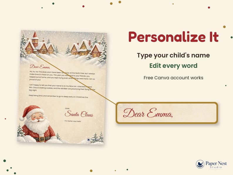 Puede incluir: Una carta personalizable de Santa Claus con una ilustraci&oacute;n de un pueblo nevado, un Santa sonriente y el texto Dear Emma. El dise&ntilde;o incluye instrucciones como Personalize It, Type your child's name, Edit every word y Free Canva account works.