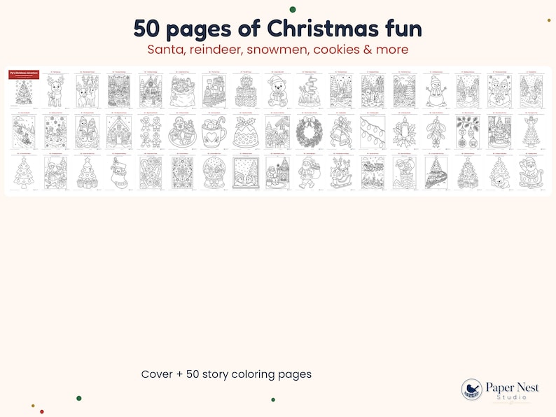 K&ouml;nnte beinhalten: Eine Sammlung von 50 schwarz-wei&szlig;en Malvorlagen zum Thema Weihnachten mit Weihnachtsmann, Rentieren, Schneem&auml;nnern und Keksen. Der Text lautet 50 pages of Christmas fun, Santa, reindeer, snowmen, cookies & more und Cover + 50 story coloring pages.