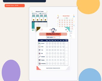 May include: A Kids Home Success Kit featuring a Weekly Chore Chart, an Allowance Tracker, and a Reward Chart. The charts include grids, icons for tasks like making beds and doing dishes, and spaces for names, dates, and parent initials in a layout.