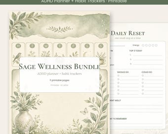 Paquete imprimible de planificador y registro de hábitos para TDAH de Sage, reinicio diario, bloqueo de tiempo, temporizador de concentración, registro de estado de ánimo, agua y sueño, PDF con acuarelas