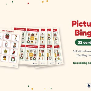 K&ouml;nnte beinhalten: Ein Set aus Weihnachts-Bild-Bingo-Spielkarten mit 32 Karten, 3x3-Gittern, einem freien Mittelfeld und 12 Ziehkarten. Die Karten zeigen bunte Feiertagssymbole wie B&auml;ume, Geschenke und Lebkuchenm&auml;nner. Text: Picture Bingo, 32 cards, 3x3 with a free center, 12 calling cards, No reading needed.