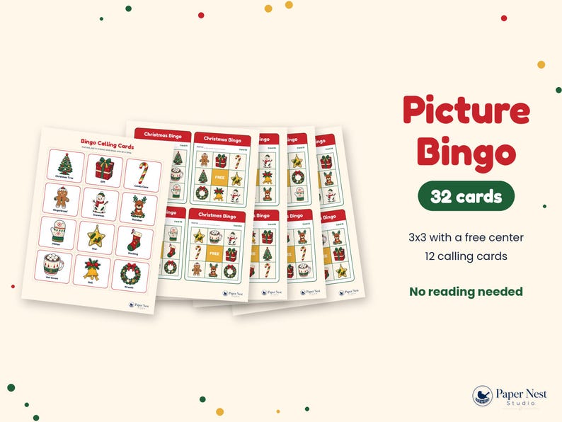 K&ouml;nnte beinhalten: Ein Set aus Weihnachts-Bild-Bingo-Spielkarten mit 32 Karten, 3x3-Gittern, einem freien Mittelfeld und 12 Ziehkarten. Die Karten zeigen bunte Feiertagssymbole wie B&auml;ume, Geschenke und Lebkuchenm&auml;nner. Text: Picture Bingo, 32 cards, 3x3 with a free center, 12 calling cards, No reading needed.