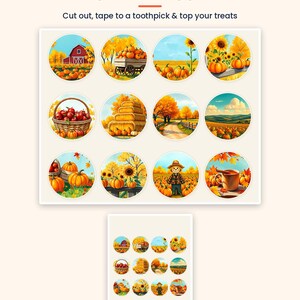 K&ouml;nnte beinhalten: Ein Bogen mit 12 runden Cupcake-Auflegern zum Thema Herbstbauernhof mit Illustrationen von K&uuml;rbissen, Scheunen, Sonnenblumen, Heuballen und einer Vogelscheuche. Der Text lautet 12 FALL FARM CIRCLES PER SHEET Cupcake Toppers Cut out, tape to a toothpick.