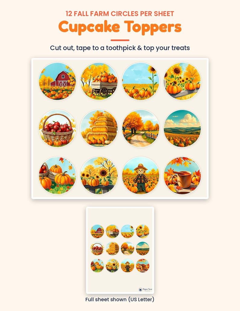 K&ouml;nnte beinhalten: Ein Bogen mit 12 runden Cupcake-Auflegern zum Thema Herbstbauernhof mit Illustrationen von K&uuml;rbissen, Scheunen, Sonnenblumen, Heuballen und einer Vogelscheuche. Der Text lautet 12 FALL FARM CIRCLES PER SHEET Cupcake Toppers Cut out, tape to a toothpick.