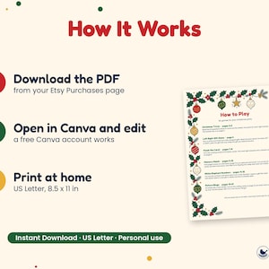 K&ouml;nnte beinhalten: Eine digitale Anleitung f&uuml;r Weihnachtsfeier-Spiele in drei Schritten: PDF herunterladen, in Canva bearbeiten und zu Hause auf 21,59 x 27,94 cm Papier ausdrucken. Das Dokument enth&auml;lt eine Spieleliste mit einem festlichen Rand aus Weihnachtskugeln.