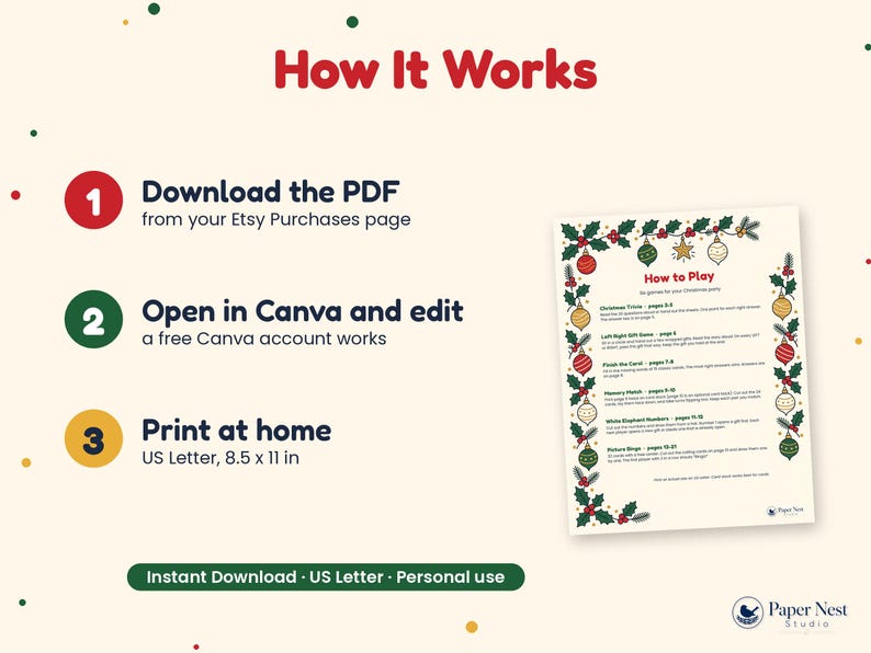 K&ouml;nnte beinhalten: Eine digitale Anleitung f&uuml;r Weihnachtsfeier-Spiele in drei Schritten: PDF herunterladen, in Canva bearbeiten und zu Hause auf 21,59 x 27,94 cm Papier ausdrucken. Das Dokument enth&auml;lt eine Spieleliste mit einem festlichen Rand aus Weihnachtskugeln.