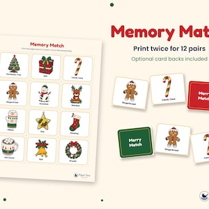 K&ouml;nnte beinhalten: Ein ausdruckbares Memory-Match-Spielblatt mit zw&ouml;lf weihnachtlichen Illustrationen, darunter ein Baum, ein Geschenk, eine Zuckerstange, ein Lebkuchenmann, ein Schneemann, ein Rentier, ein F&auml;ustling, ein Stern, ein Strumpf, hei&szlig;er Kakao, eine Glocke und ein Kranz.