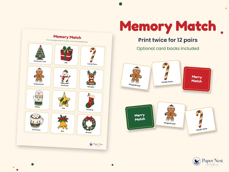 K&ouml;nnte beinhalten: Ein ausdruckbares Memory-Match-Spielblatt mit zw&ouml;lf weihnachtlichen Illustrationen, darunter ein Baum, ein Geschenk, eine Zuckerstange, ein Lebkuchenmann, ein Schneemann, ein Rentier, ein F&auml;ustling, ein Stern, ein Strumpf, hei&szlig;er Kakao, eine Glocke und ein Kranz.