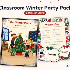 May include: A Classroom Winter Party Pack featuring a flyer titled Our Winter Party, a Winter I Spy activity sheet, and two name tags labeled Emma and Lucas. The designs include illustrations of children decorating a Christmas tree.