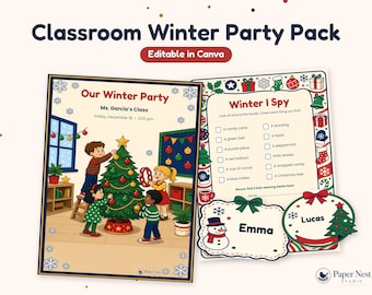 Printbare materialen voor een kerstfeest in de klas | Winterfeestspelletjes voor de klas, bewerkbare naamkaartjes, 'Ik zie, ik zie', woordpuzzel, deurbordje | Teacher Canva