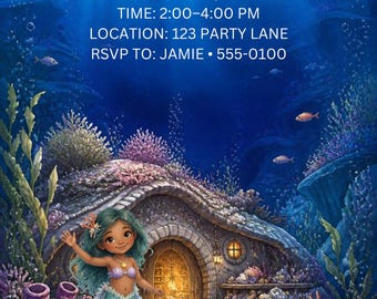 May include: A digital invitation featuring an underwater scene with a mermaid standing before a stone cottage. Text reads: YOU'RE INVITED, ALEX TURNS 7, DATE: SATURDAY, JUNE 14, TIME: 2:00-4:00 PM, LOCATION: 123 PARTY LANE, RSVP TO: JAMIE 555-0100.