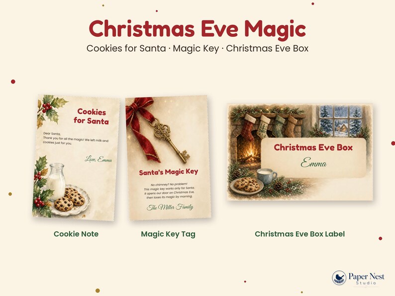 Puede incluir: Un conjunto de tres art&iacute;culos de papel con tem&aacute;tica navide&ntilde;a: una nota Cookies for Santa con acebo, una etiqueta Santa's Magic Key con una llave dorada y cinta roja, y una etiqueta Christmas Eve Box con chimenea y calcetines.