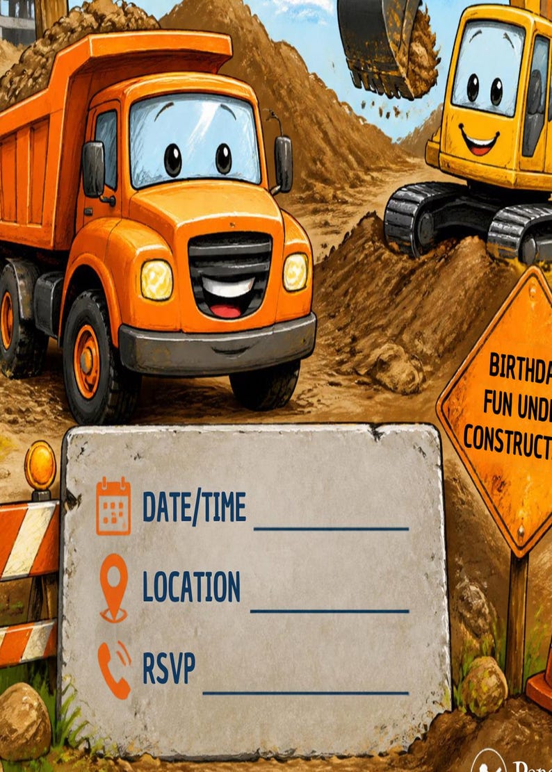 May include: A construction-themed invitation card featuring a smiling orange dump truck and a yellow excavator on a dirt site. A concrete-textured sign displays fields for DATE/TIME, LOCATION, and RSVP, with a sign reading BIRTHDAY FUN UNDER CONSTRUCTION.