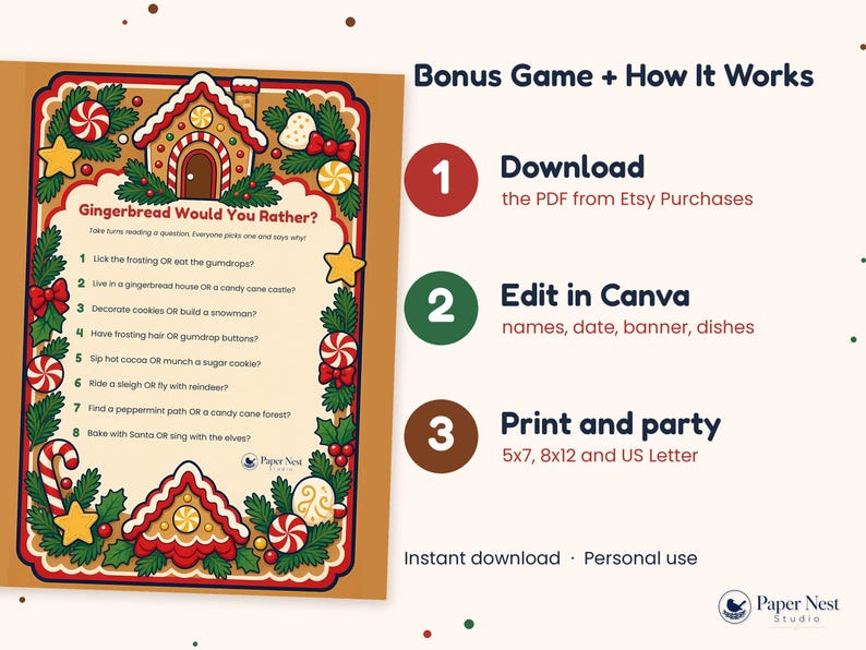 May include: A Gingerbread Would You Rather game card featuring a festive border of candy canes, stars, and holly. The text outlines eight holiday-themed questions. Beside it, a three-step guide explains how to download, edit in Canva, and print.