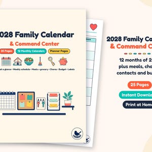 Può includere: Un planner stampabile da 25 pagine 2028 Family Calendar & Command Center. La copertina presenta il titolo, icone per pasti, faccende e budget, e illustrazioni di un calendario, bacheca, chiavi, portaposta e una pianta in vaso.