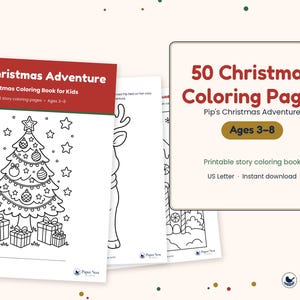 K&ouml;nnte beinhalten: Ein druckbares Malbuch mit dem Titel Pip's Christmas Adventure mit 50 Seiten f&uuml;r Kinder von 3-8 Jahren. Das Cover zeigt einen geschm&uuml;ckten Weihnachtsbaum mit Geschenken, und der Text enth&auml;lt 50 Christmas Coloring Pages, US Letter und Instant download.
