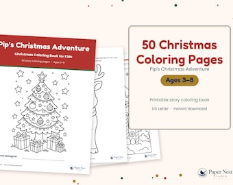 Kerstkleurboek voor kinderen | 50 printbare kerstkleurplaten | Verhaal over rendieren, de kerstman en de sneeuwpop | Leeftijd 3-8 jaar | PDF