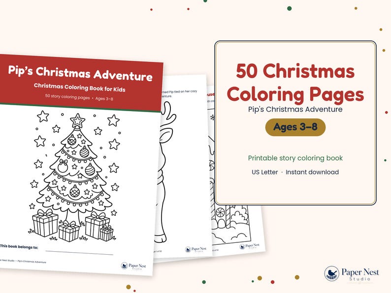 K&ouml;nnte beinhalten: Ein druckbares Malbuch mit dem Titel Pip's Christmas Adventure mit 50 Seiten f&uuml;r Kinder von 3-8 Jahren. Das Cover zeigt einen geschm&uuml;ckten Weihnachtsbaum mit Geschenken, und der Text enth&auml;lt 50 Christmas Coloring Pages, US Letter und Instant download.