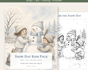 Paquete de actividades imprimibles para niños sobre un día de nieve, Bingo de invierno (6 tarjetas), Juego de "Veo, veo" con clave de respuestas, Página para colorear de muñeco de nieve, Juegos de invierno para niños en PDF