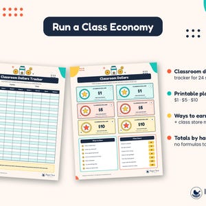 Könnte beinhalten: Ein druckbares Klassenzimmer-Wirtschaftsset mit einem Classroom Dollars Tracker für 24 Schüler und Spielgeld in 1-, 5- und 10-Dollar-Scheinen. Enthält eine Liste mit Verdienstmöglichkeiten und ein Klassenladen-Menü mit leeren Feldern.