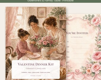 Kit imprimible para cena de San Valentín para amigas y familia: invitación, menú, tarjetas de mesa, nota de agradecimiento y decoración floral para la mesa (PDF).