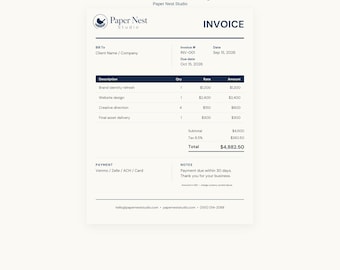 May include: A Small Business Billing Kit template by Paper Nest Studio featuring a clean, professional invoice layout. The document includes sections for client details, invoice number, dates, itemized services, subtotal, tax, and total amount.
