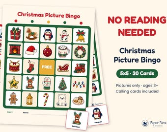 Kerstbingo met plaatjes voor kinderen, lezen is niet nodig | 30 printbare kaartjes van 5x5 cm voor peuters en kleuters | Spel voor het kerstfeest in de klas