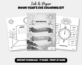 Printbare kleurplaten voor een nieuwjaarsfeestje, zwart-wit activiteiten voor kinderen, bingo, banner, checklist, programma.