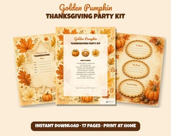 Printbare Thanksgiving-feestset, herfstdecoratie met gouden pompoenen, taartmenu, bedankkaartjes, quiz, woordpuzzel, bingo