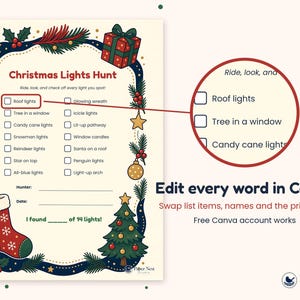May include: A Christmas Lights Hunt checklist featuring a festive border with holly, ornaments, a gift, and a stocking. The text reads Christmas Lights Hunt, Ride, look, and check off every light you spot, and I found 14 lights. Includes a zoomed-in detail view.